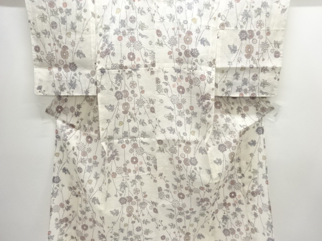 JAPANESE KIMONO / ANTIQUE AUTHENTIC OJIYA CHIJIMI FLORAL PATTERN WOVEN